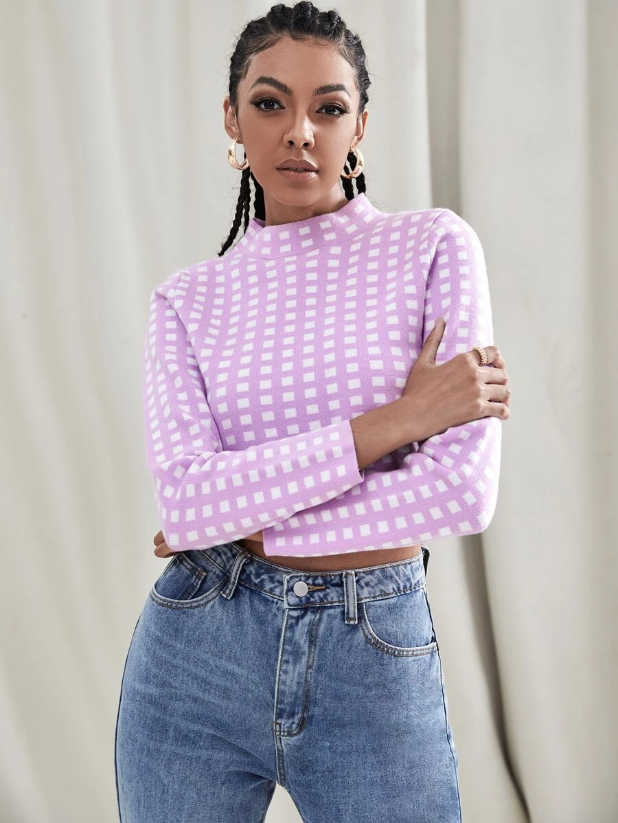 SHEIN Unity Jersey con patrón de cuadros cuello alzado - Multicolor - Ver 1