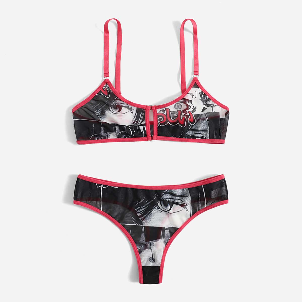 

Cartoon Graphic Contrast Binding Mesh Lingerie Set, Black