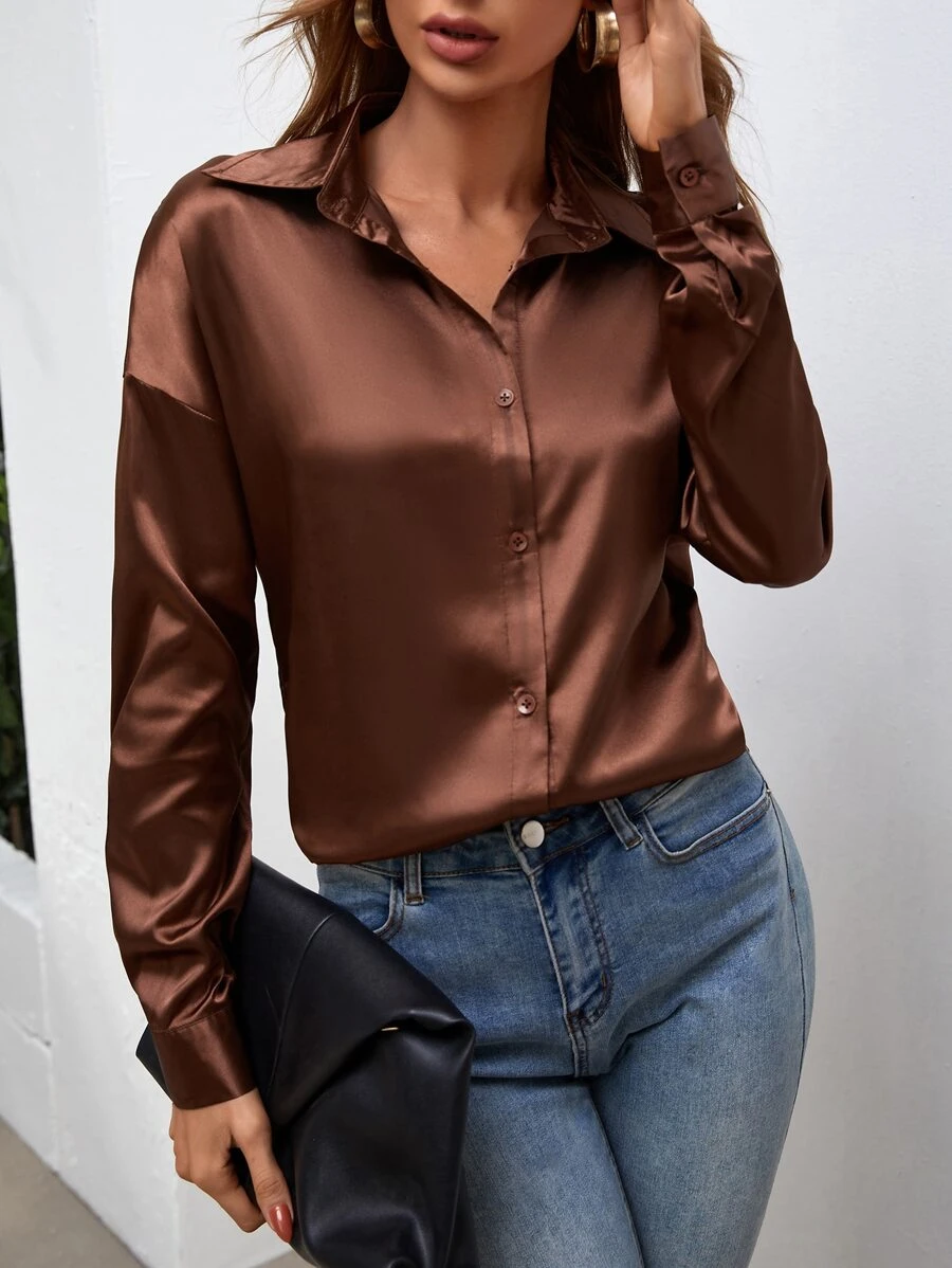 Satin Drop Shoulder Shirt - Coffee Brown - View 1