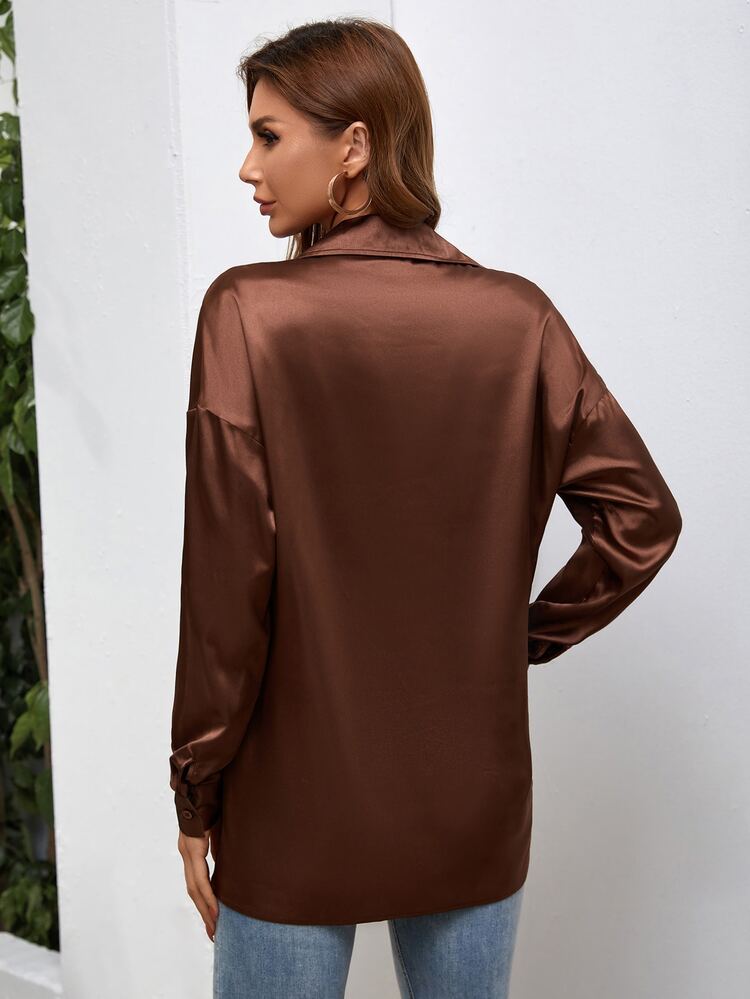 Camisa de satén de hombros caídos - Café integral - Añade 2
