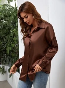 Satin Drop Shoulder Shirt - Coffee Brown - View 5