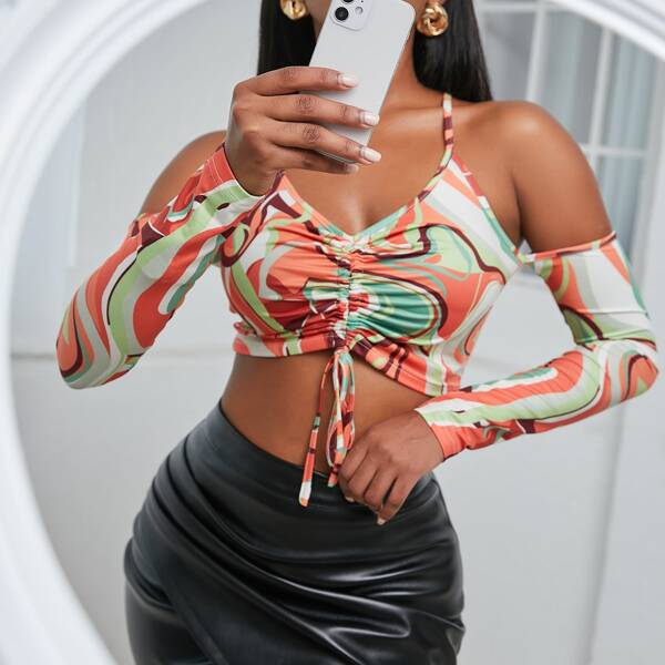 

Drawstring Front Criss Cross Crop Top, Multicolor