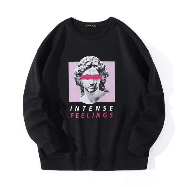 

Figure & Letter Print Round Neck Sweatshirt, Black