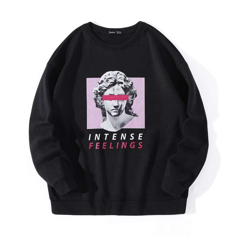 

Figure & Letter Print Round Neck Sweatshirt, Black