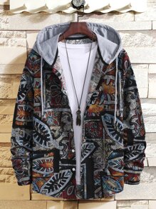 Men Plants Print Drawstring Hooded Shirt Without Tee - Multicolor - View 1
