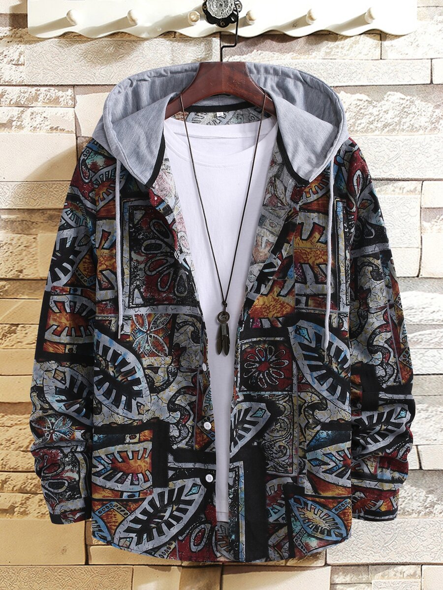 Men Plants Print Drawstring Hooded Shirt Without Tee - Multicolor - View 1