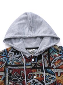 Men Plants Print Drawstring Hooded Shirt Without Tee - Multicolor - View 3