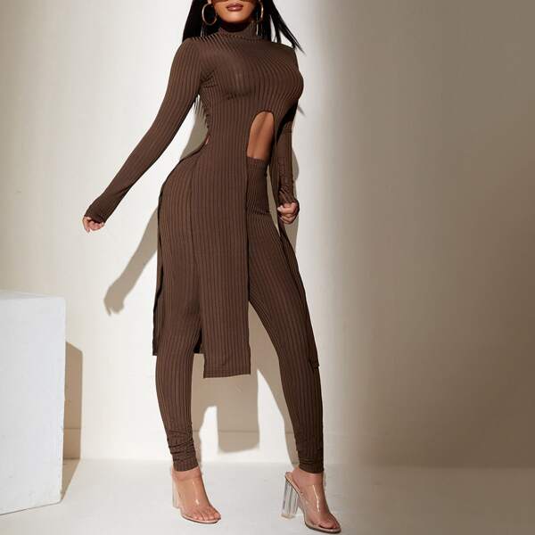 

Solid Asymmetrical Hem Top With Pants, Chocolate brown