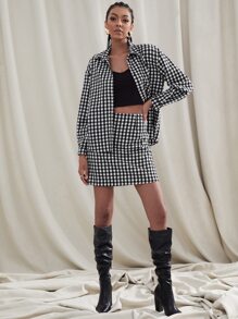 SHEIN Privé 格子圖案落肩袖前紐扣夾克和直筒半身裙 - 黑與白 - 查看 1