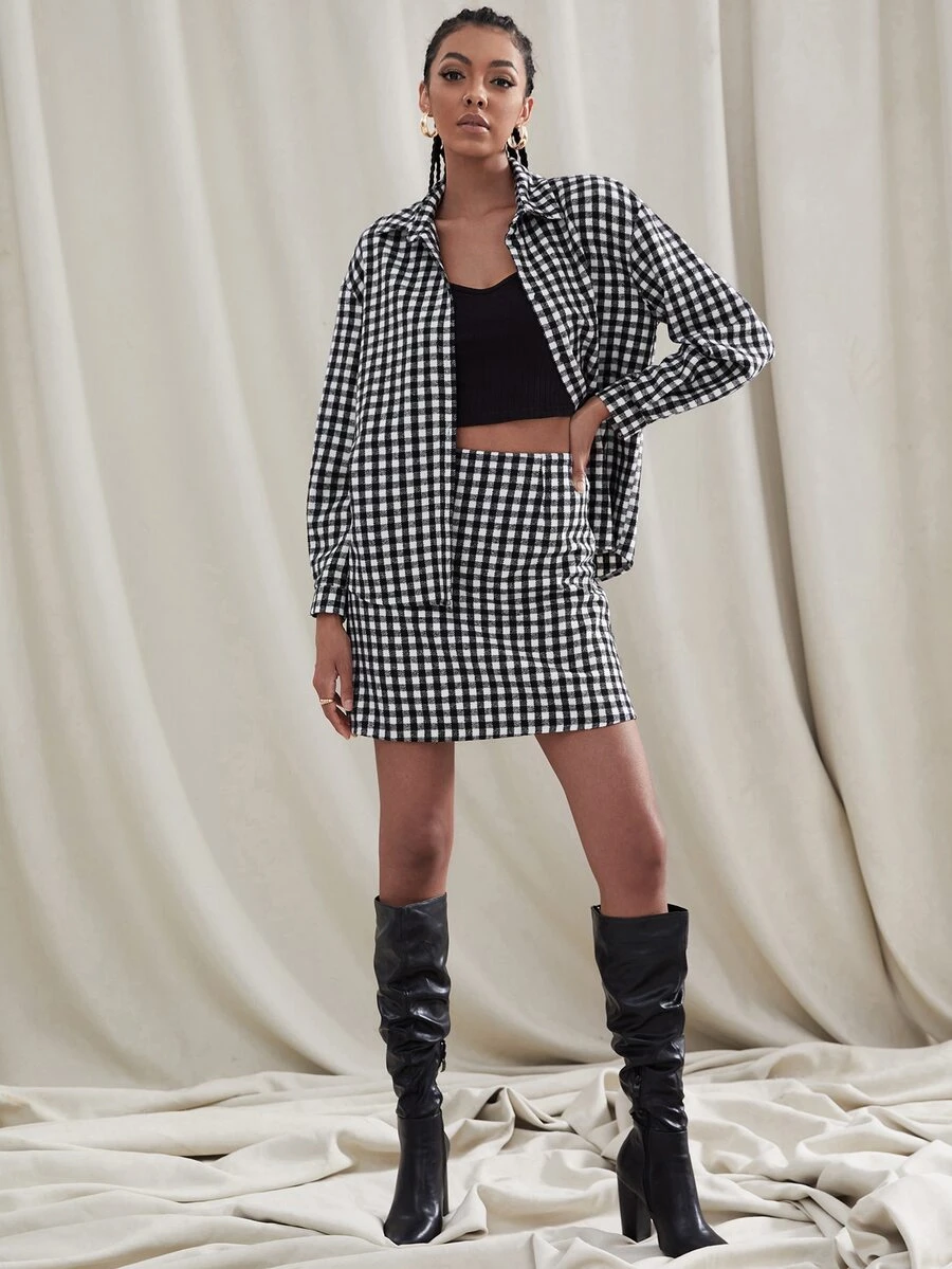 SHEIN Privé 格子圖案落肩袖前紐扣夾克和直筒半身裙 - 黑與白 - 查看 1