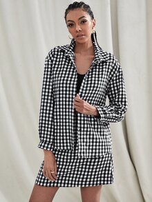 SHEIN Privé 格子圖案落肩袖前紐扣夾克和直筒半身裙 - 黑與白 - 查看 3