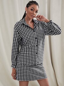 SHEIN Privé 格子圖案落肩袖前紐扣夾克和直筒半身裙 - 黑與白 - 查看 4