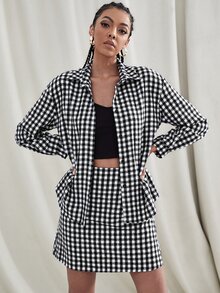 SHEIN Privé 格子圖案落肩袖前紐扣夾克和直筒半身裙 - 黑與白 - 查看 5