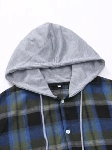 Manfinity Hypemode Men Plaid Print Button Up Drawstring Hooded Shirt Without Tee - Multicolor - View 3