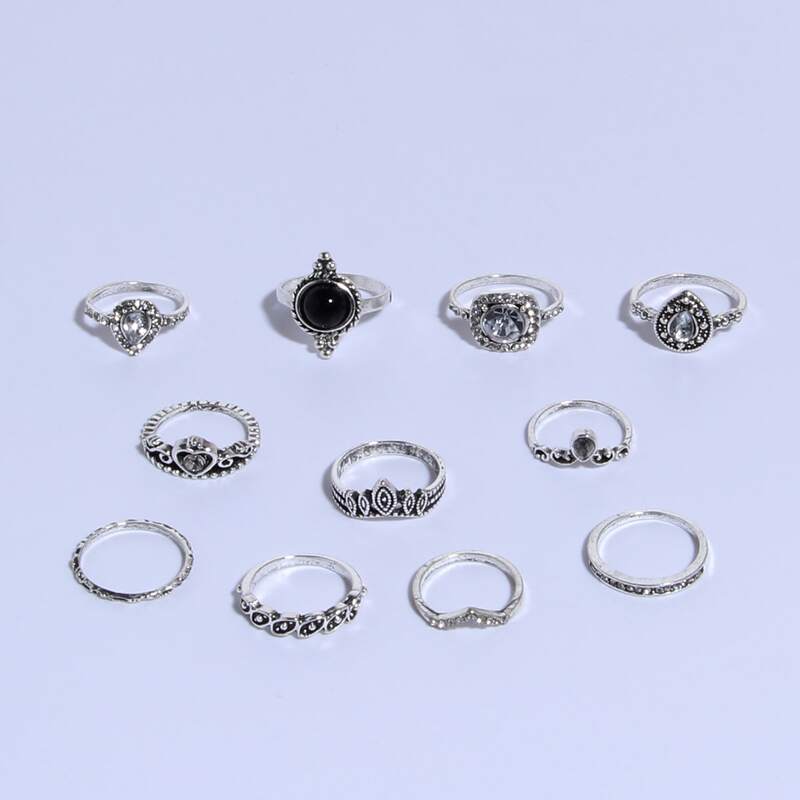 

11pcs Rhinestone Decor Ring, Antique silver