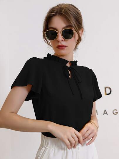 Mulvari Blouse à col noué avec volant, hauts à manches courtes