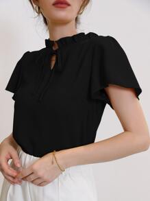 Mulvari 荷叶边饰带领衬衫、短袖上衣 - 黑色 - 查看 5