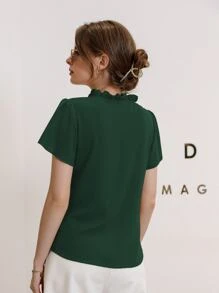 Mulvari Tie Neck Puff Sleeve Blouse,Short Sleeve Tops - Dark Green - View 2