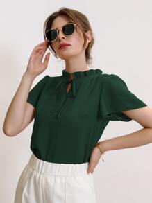 Mulvari Tie Neck Puff Sleeve Blouse,Short Sleeve Tops - Dark Green - View 3