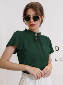 Mulvari Tie Neck Puff Sleeve Blouse,Short Sleeve Tops - Dark Green - View 4