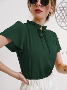 Mulvari Tie Neck Puff Sleeve Blouse,Short Sleeve Tops - Dark Green - View 5