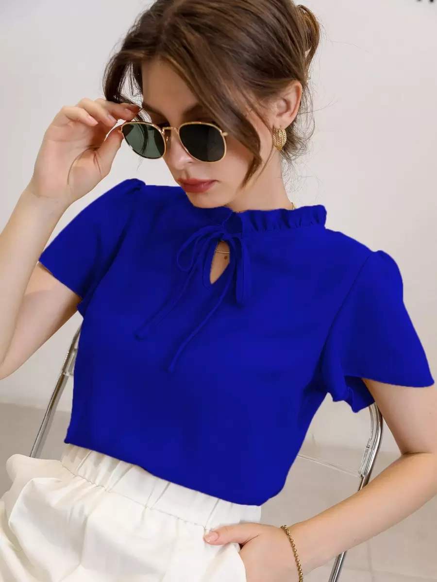 Mulvari Tie Neck Puff Sleeve Blouse,Short Sleeve Tops - Royal Blue - View 1