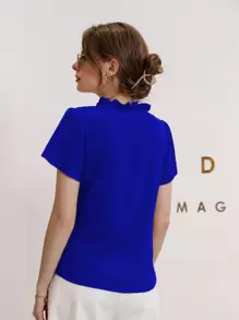 Mulvari Tie Neck Puff Sleeve Blouse,Short Sleeve Tops - Royal Blue - View 2