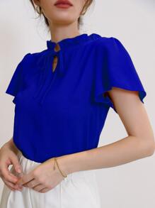 Mulvari Tie Neck Puff Sleeve Blouse,Short Sleeve Tops - Royal Blue - View 5