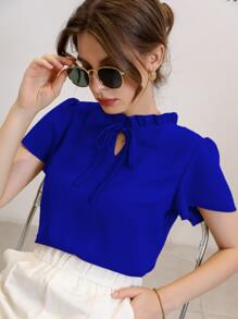 Mulvari Tie Neck Puff Sleeve Blouse,Short Sleeve Tops - Royal Blue - View 6