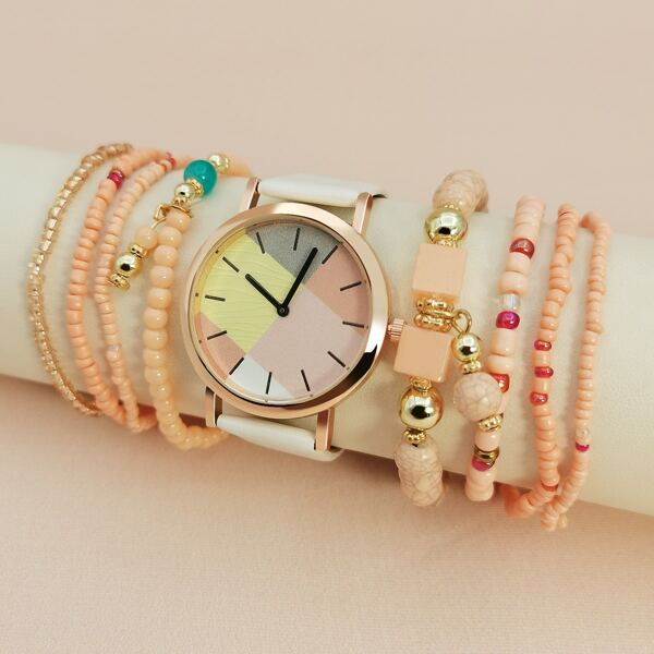 

1pc Round Pointer Quartz Watch & 8pcs Bracelet