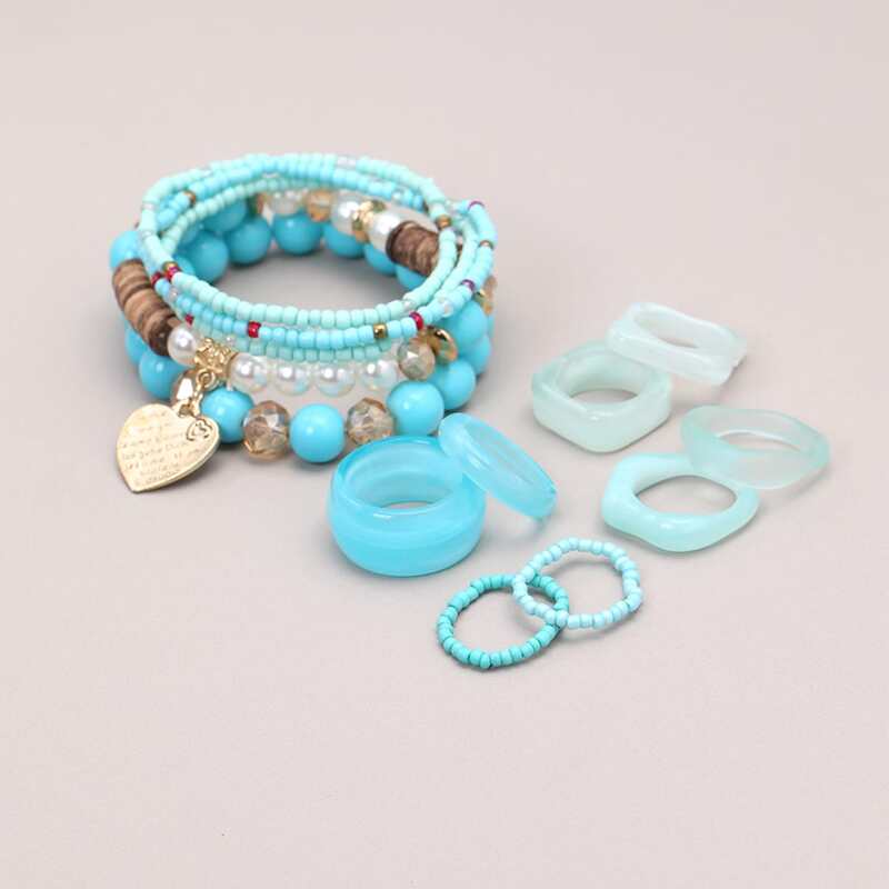 

5pcs Beaded Design Bracelet & 8pcs Ring, Multicolor