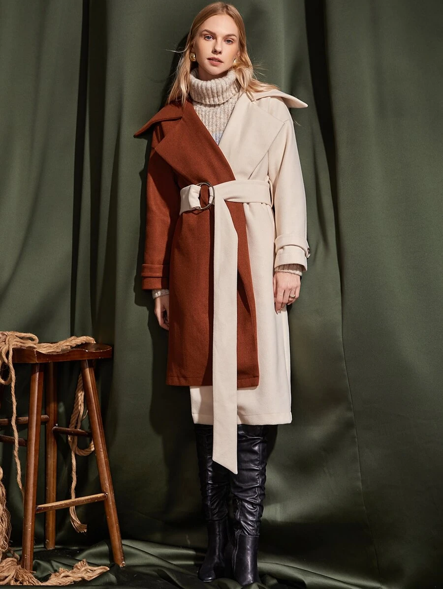 Two Tone Asymmetrical Hem Drop Shoulder Belted Overcoat - Multicolor - View 1