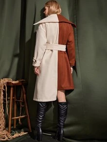 Two Tone Asymmetrical Hem Drop Shoulder Belted Overcoat - Multicolor - View 2