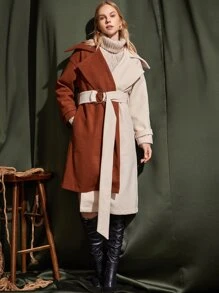 Two Tone Asymmetrical Hem Drop Shoulder Belted Overcoat - Multicolor - View 3