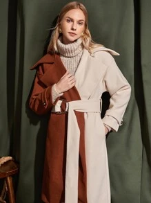 Two Tone Asymmetrical Hem Drop Shoulder Belted Overcoat - Multicolor - View 4