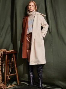 Two Tone Asymmetrical Hem Drop Shoulder Belted Overcoat - Multicolor - View 5