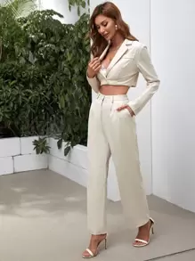 Chiquease Lapel Collar Single Button Crop Blazer With Trousers - Beige - View 3