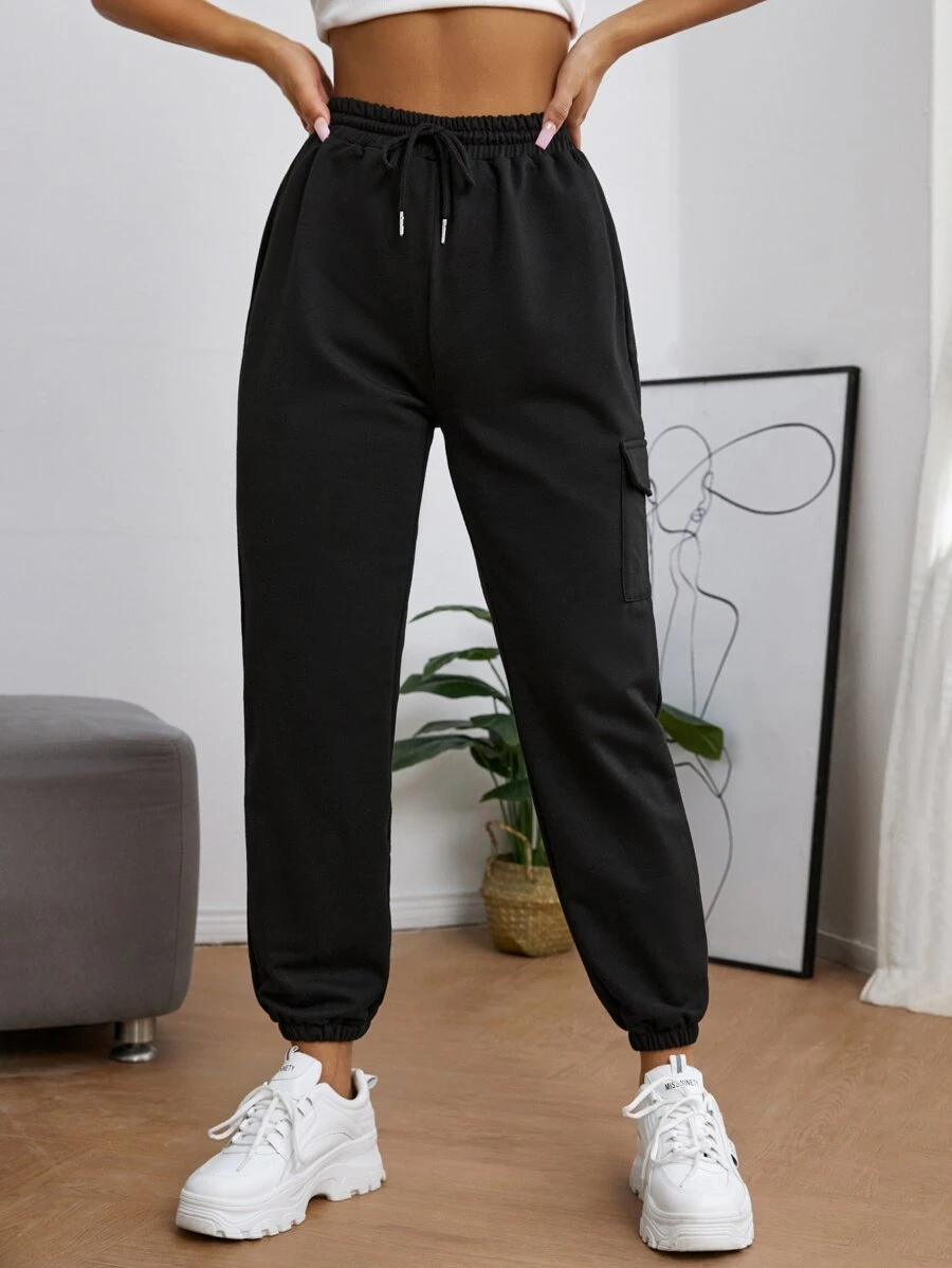 SHEIN PETITE Pantalones deportivos con bolsillo con solapa con cordón - Negro - Ver 1