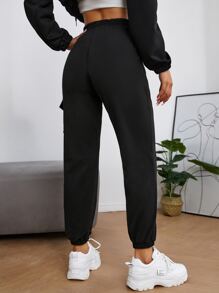 SHEIN PETITE Pantalones deportivos con bolsillo con solapa con cordón - Negro - Ver 2
