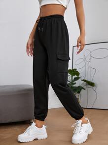 SHEIN PETITE Pantalones deportivos con bolsillo con solapa con cordón - Negro - Ver 3