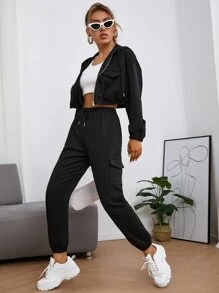 SHEIN PETITE Pantalones deportivos con bolsillo con solapa con cordón - Negro - Ver 4
