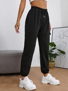 SHEIN PETITE Pantalones deportivos con bolsillo con solapa con cordón - Negro - Ver 5