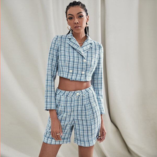 

Lapel Neck Crop Plaid Tweed Jacket & Shorts, Blue