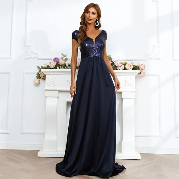 

Contrast Sequin Notched Neck V-back Floor Length Dress, Navy blue