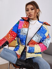 Paisley Print Patchwork Padded Padded Coat Clothes Winter - Multicolor - View 2