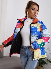 Paisley Print Patchwork Padded Padded Coat Clothes Winter - Multicolor - View 1
