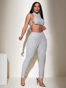 SHEIN SXY 側打結短款背心和緊身打底褲 - 淺灰色 - 查看 5