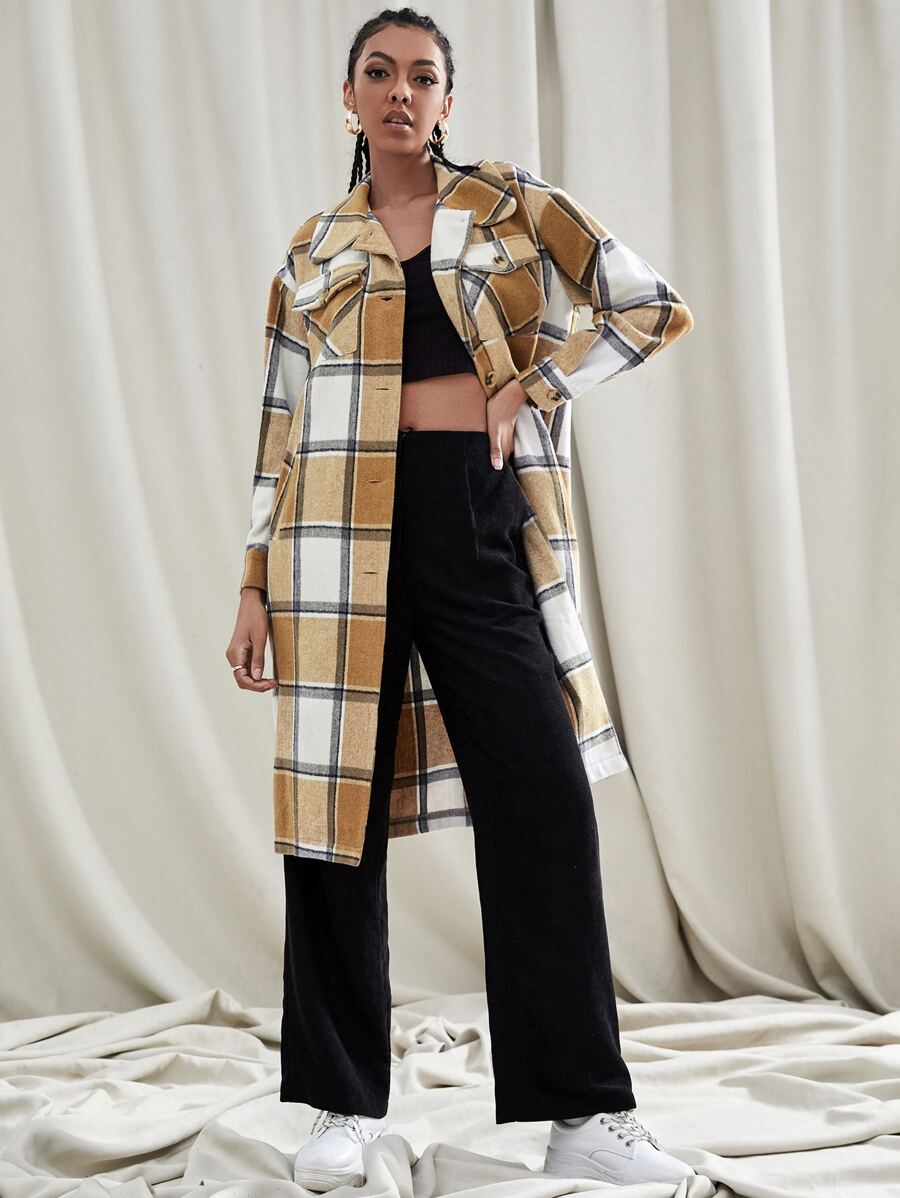 Plaid Print Flap Pocket Drop Shoulder Overcoat - Multicolor - View 1