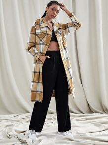 Plaid Print Flap Pocket Drop Shoulder Overcoat - Multicolor - View 3