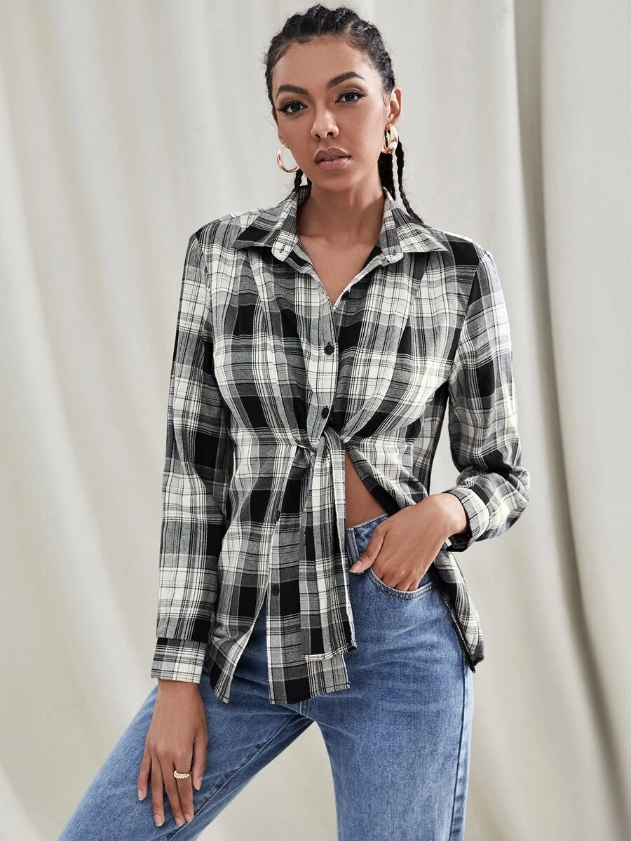 SHEIN Essnce Tartan Print Tie Front Blouse - Black and White - View 1